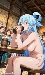 1girls ai_generated aqua_(konosuba) beer blue_eyes blue_hair breasts chair crowd drinking encoder exhibitionism exposed_breasts female foam holding_mug holding_object indoors kono_subarashii_sekai_ni_shukufuku_wo! long_hair mug naked naked_female nipples nude nude_female public sitting sitting_on_chair table tavern uncensored