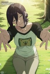 ai_generated animal_print anime anime_style artist_name black_choker black_hair breasts chainsaw_man choker closed_mouth collarbone day female flower grass green_eyes hair_between_eyes hair_bun head_tilt hentai hi_res incoming_hug long_sleeves looking_at_viewer medium_breasts medium_hair mystic_maidens outdoors outstretched_arms pants patreon patreon_username raglan_sleeves reaching reaching_towards_viewer reze_(chainsaw_man) shirt short_hair single_hair_bun sitting smile solo sunlight tree white_flower