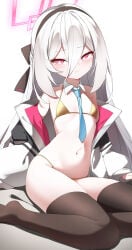 1girl bikini blue_archive halo kei_(blue_archive) long_hair necktie robot_girl silday solo solo_female thick_thighs thighhighs