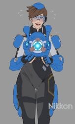 1girls blizzard_entertainment blush brown_hair cameltoe female nikkon overwatch short_hair solo sweat tracer