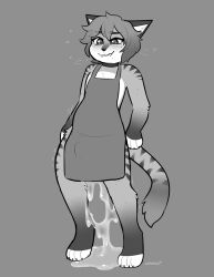 2022 anthro apron apron_only azurefelid blush bodily_fluids clothing cum cum_inside digital_drawing_(artwork) digital_media_(artwork) domestic_cat excessive_cum excessive_genital_fluids felid feline felis fur genital_fluids greyscale hi_res leaking_cum male mammal monochrome mostly_nude qtipps solo