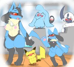 2019 3_fingers 3_toes absol anthro blue_fur blush breasts canid canine claws female fur lucario mammal milkteafox navel nintendo nipples nude pawpads pikachu pokemon pokemon_(species) pussy red_eyes riolu rodent standing steam toes video_games wynaut