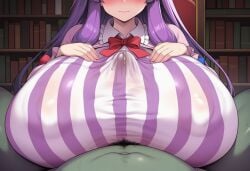 1boy 1girls ai_generated blush breasts_bigger_than_head breasts_bigger_than_torso bursting_breasts clothed_female dark_background erect_nipples_under_clothes gigantic_breasts gigantic_nipples goblin goblin_male hyper hyper_breasts hyper_genitalia nipple_bulge no_bra paizuri paizuri_under_clothes patchouli_knowledge precum precum_through_clothing touhou