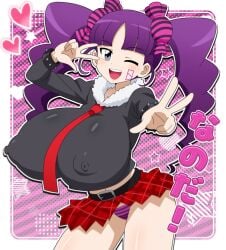 absurdres belt black_belt black_shirt border bracelet breasts candy_hair_ornament commentary_request covered_erect_nipples double_v duel_masters facial_tattoo female food-themed_hair_ornament fur-trimmed_shirt fur_trim grey_eyes hair_ornament heart highres hitokiwa_kenchin huge_breasts jewelry long_hair long_sleeves looking_at_viewer midriff navel necktie one_eye_closed open_clothes outside_border panties plaid_clothes plaid_skirt puramai_rei purple_hair red_necktie red_skirt shirt skirt smile solo spiked_bracelet spikes star_(symbol) striped_clothes striped_panties tattoo teeth translation_request twintails underwear upper_teeth_only v v_over_eye white_border