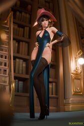 1girls 3d blankpins clothed cute dress elegant elegant_dress evening_gown gown heels high_heels kiriko_(overwatch) library light_skinned_female no_panties nude_underneath overwatch pinup sfw skimpy_clothes slim_girl solo solo_female stockings thighs witch_hat witch_kiriko
