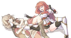 2girls armor blonde_hair blush boots braid brown_eyes cape catfight celica_(fire_emblem) dress faye_(fire_emblem) female fingerless_gloves fire_emblem fire_emblem_echoes:_shadows_of_valentia fire_emblem_gaiden gloves high_resolution jaegan leg_lock long_hair multiple_girls open_mouth pantsu red_eyes red_hair smile submission_hold tears thigh_boots thighhighs tiara tied_hair twin_braids underwear wrestling