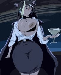 1girls bear_ears bear_girl beauty_mark bedroom_eyes black_hair bone_hair_ornament breasts breasts_out charlotte_(charlottexbear) charlottexbear cocktail dark-skinned_female dark_skin holding_glass indie_virtual_youtuber kemonomimi large_areolae large_breasts looking_at_viewer low-angle_view nipple_slip open_shirt pov solo virtual_youtuber yev-san