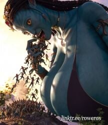 3d ai_generated alien alien_girl athletic_female avatar avatar:_the_way_of_water bent_over bigger_female blender blue_body blue_skin breasts eating female giantess giantess_vore interspecies jungle large_female larger_female male mini_giantess na'vi neytiri outdoors realistic rower sex size_difference smaller_human tail vore