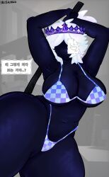 1girls alternate_version_available artist_name ass_bigger_than_head ass_focus big_ass big_breasts bikini black_skin break_in_and_steal_thingz breasts cleavage clothes crown dark faceless female female_only hi_res humanoid iriskaka korean_text object_in_hand observer_(biast) one_eye panties purple_skin request roblox roblox_game robloxian self_upload solo thick_thighs thighs white_hair