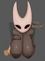 1boy 1girls anthro areola areolae big_breasts black_areola black_areolae black_body blush breasts disembodied_hand english_text happy hollow_knight hollow_knight:_silksong hornet_(hollow_knight) huge_boobs huge_breasts insect_girl insect_humanoid insects keelpowah large_areolae looking_at_viewer nipples sagging_breasts saggy_breasts team_cherry text