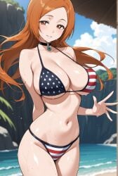 1girls ace_of_spades ai_generated american_flag_bikini beach belly_button bikini bleach blush breasts brown_eyes choker cleavage clouds female flag_bikini flag_print floating_hair hand_behind_back implied_cheating implied_ntr inoue_orihime large_breasts long_hair looking_at_viewer navel notreallyhere orange_hair outdoors parted_lips qos qos_clothing queen_of_spades sky smile solo standing undersized_clothes waving waving_at_viewer wet
