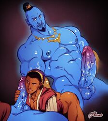 2boys aladdin aladdin_(character) bara big_penis blowjob blue_skin brown_skin cum_eating dark_skin disney djinn fictional_interracial gay genie_(aladdin) human interspecies male male/male male_on_male male_only middle_eastern_clothing phausto toned toned_male twink yaoi