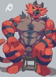 1boy 3_fingers 3_toes abs alternate_color animal_genitalia anthro ashendawger belly big_feet black_fur breath brown_fur feet feline front_view fur furry green_eyes grey_background half-erect heavy_breathing incineroar looking_away male male_only muscular muscular_male nintendo nipples nude open_mouth original_character paws pecs penis penis_tip pokémon_(species) pokemon pokemon_sm red_fur shadow sheath simple_background sitting stripes sweat tail teeth testicles text thick_thighs toes video_games watermark wet yellow_sclera