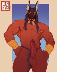 2026 abs absurd_res animal_head animal_humanoid anthro anubis balls black_body black_fur bottomwear bottomwear_aside bracelet canid canine canis clothing clothing_aside deity digital_media_(artwork) ear_piercing egyptian_mythology ekzonzz erection facial_markings for_a_head fur genitals glans head_markings hi_res humanoid humanoid_genitalia humanoid_penis jackal jewelry loincloth loincloth_aside looking_at_viewer male mammal markings middle_eastern_mythology mostly_nude mostly_nude_male muscular muscular_male mythology nipple_piercing nipples notched_ear penis piercing regalia simple_background solo standing tan_body tan_skin v-cut watermark