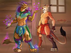 anthro arvael86 charr claws clothed clothing corvus cum cum_drip dripping duo ear_tuft felid fur furry guild_wars hi_res horn hypnosis kita_(character) loincloth magic male mammal mesmer mind_control multi_ear open_mouth precum spots standing tetton tuft video_games yaoi