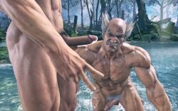 aroused aroused_by_another aroused_face aroused_smile bandai_namco brown_eyes cum cum_drip cum_dripping_from_penis cumming erect_penis erection gay heihachi_mishima homoerotic horny hung interracial kneeling kneeling_male kneeling_on_ground kneeling_oral_position looking_at_cock looking_at_cum male male/male mature_male ogami4 old_man old_man_yaoi older_male_and_younger_male outdoor_nudity outdoors peace_sign penis penis_awe penis_out pubic_hair shaheen standing_male tan-skinned_male tan_skin tekken tekken_8 yaoi