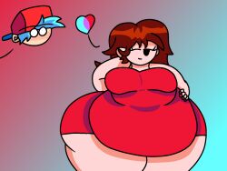 auburn_hair backwards_baseball_cap bbw belly_overhang big_belly big_breasts big_butt blush blushing boyfriend_(friday_night_funkin) fat_folds flabby_arms flabby_legs fnf friday_night_funkin girlfriend_(friday_night_funkin) gizmosurge hand_behind_head hand_on_belly hat light_blue_hair long_hair looking_to_the_side male obese obese_female obese_humanoid overweight overweight_anthro overweight_humanoid red_cap red_dress seductive smirk smirking_at_partner thick_thighs two_toned_heart wide_hips wink winking_at_partner
