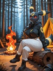 1anthro 1female 1girls ai ai_generated anthro big_breasts black_ears black_fur black_hair black_hoodie black_pupils black_tail breasts camp campfire camping camping_tent clothed clothed_female crossed_legs crossed_legs_(sitting) ear eeveelution female female_only forest forest_background game_freak generation_2_pokemon hand_on_chin hiking_boots hoodie legs_crossed log looking_up nintendo nipple_outline pants pine_tree pixforge pointy_ears pokemon pokemon_(species) red_eyes red_sclera sitting sitting_on_log smiling tail thick_thighs thighs thinking thinking_pose tree trees umbreon white_pants