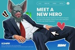 1boy 3:2 bat belt clothing detailed_background dispatch_(game) english_text exclamation_point fangs formal_clothing formal_wear fur grey_body grey_fur hand_on_leg hand_on_thigh heart_symbol hi_res hybrid light_body light_skin looking_at_viewer lying male male_only mammal nails necktie on_side poster retracted_foreskin shirt smile solo solo_male sonar_(dispatch) spread_legs spreading suit tacos_de_yuca tacosdeyuca teeth text topwear user_interface white_clothing white_shirt white_topwear