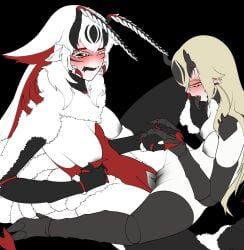 alyx_(arialyxiah)_(vtuber) antennae_(anatomy) blonde_hair blush bug bug_girl indie_virtual_youtuber indie_vtuber lesbian_sex moth_girl red_highlights scissoring selfcest tribadism virtual_youtuber vtuber white_hair white_skin yuri