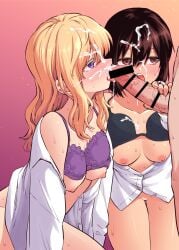 1boy 2girls bar_censor black_bra blonde_hair blush bottomless bra bra_lift breasts brown_eyes brown_hair censored clothes_lift collarbone commentary_request commission cooperative_fellatio cum cum_on_body cum_on_breasts cum_on_clothes cum_on_hair ejaculation erection facial fellatio fuuzasa highres licking licking_penis long_hair maribel_hearn medium_breasts multiple_girls nipples no_headwear open_clothes open_mouth open_shirt oral penis purple_bra purple_eyes renko_usami shirt skeb_commission straight sweat teamwork_(sexual) teeth tongue tongue_out touhou underwear upper_teeth_only usami_renko veins veiny_penis white_shirt