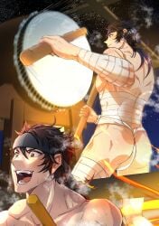 1boy abs ass ass_cleavage ass_focus back_view bandage bandaged_arm bandaged_leg big_ass brown_eyes brown_hair bubble_ass bubble_butt collarbone dat_ass drum drummer drumsticks eyelashes festival fundoshi fundoshi_only gay hachimaki hajikeygo headband hi_res japanese_clothes laugh light_skin light_trail long_hair male male_only manly mature_male motion_blur motion_lines muscles muscular muscular_ass muscular_back muscular_male muscular_neck mutsunokami_yoshiyuki night no_body_hair no_visible_genitalia outdoors panting pecs pointy_nose rokushaku_fundoshi sarashi solo standing steam steaming_body steamy_breath sweat sweatdrop sweating sweaty taiko tight_ass topless tough_guy touken_ranbu very_high_resolution white_fundoshi wooden_table yaoi