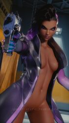 1girls 3d bottomless breasts brunette female female_only gun lemony-senpai open_clothes overwatch pussy solo sombra submachine_gun weapon