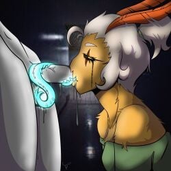 ahoge black_sclera blowjob bored bug bug_girl drool drooling drooling_tongue glowing_tongue green_hairband green_shirt hair_up indie_virtual_youtuber indie_vtuber licking_balls mascara monster_girl moth moth_girl orange_fur polly_anthera ponytail running_mascara runny_makeup tongue_around_penis tongue_wrap unusual_anatomy unusual_tongue virtual_youtuber vtuber white_hair yellow_eyes