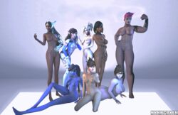 3d 6+girls 8girls absurd_res ass black_hair blonde_hair blue_eyes blue_skin breasts brown_eyes brown_hair d.va dark_skin female female_only finger_in_mouth finger_to_mouth glasses hand_on_breast hi_res highres kynngryen looking_at_viewer mei_(overwatch) mercy overwatch pharah pink_hair symmetra tracer v widowmaker yellow_eyes zarya