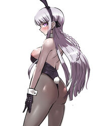 1girls accurate_art_style akizora ass big_ass big_breasts blush breasts bunny_ears bunny_girl bunny_tail bunnysuit danganronpa female female_only gloves kirigiri_kyouko large_breasts long_hair looking_at_viewer looking_back medium_breasts official_style petite pink_eyes purple_hair silver_hair solo standing straight_hair white_background