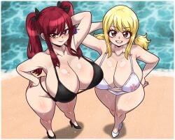 2girls beach big_breasts bikini blonde_hair breasts erza_scarlet fairy_tail female female_only high_angle high_heels light-skinned_female light_skin long_hair lucy_heartfilia outdoors red_hair seireiart swimsuit