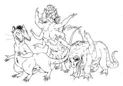 2boys1girl animal_genitalia anthro arachnid arthropod body_horror carlos_(look_outside) conjoined drooling female large_balls laurent_(look_outside) look_outside male mechacockzilla monster multi_breast multi_eye multi_face mutant non-human non-human_only rana_(look_outside) rat rodent sheath spider spider_girl taur teratophilia