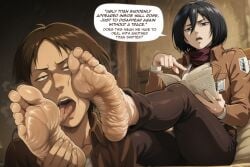 2girls ai_generated artificialfetish attack_on_titan barefoot big_feet black_hair expressionless feet femdom foot_fetish freckles freckles_on_face legs licking mikasa_ackerman paradis_military_uniform power_bottom reading serious soles ymir_(shingeki_no_kyojin) yuri