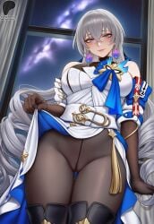 1girls ai_generated bare_shoulders blue_eyes blush blushing_at_viewer bronya_rand dripping_pussy earrings female fully_clothed gray_hair gray_hair_female highres honkai:_star_rail honkai_(series) inviting inviting_to_sex lifting_dress long_hair looking_at_viewer no_panties pantyhose primosensei pussy pussy_juice pussy_juice_drip smiling thighhigh_boots