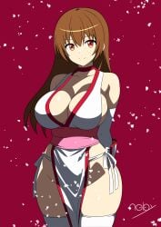 arms_behind_back bare_shoulders breasts brown_eyes brown_hair cleavage dead_or_alive elbow_gloves female gians_noby gloves kasumi_(doa) large_breasts long_hair ninja no_bra no_panties no_underwear pelvic_curtain red_background revealing_clothes sideboob silf sleeveless smile thighhighs wide_hips