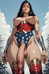 1futa 2d ai_generated arm_guards black_hair blue_sky blue_underwear breasts corset cum_drip cum_dripping_from_penis darkmage1880 dc_comics dickgirl exposed_breasts futanari headband large_breasts large_penis legwear light-skinned_futa light_skin massive_breasts massive_penis muscular muscular_futa nipple_rings oiled_skin red_corset red_legwear shiny_skin tiara topless white_skin wonder_woman wonder_woman_(series) wonder_woman_outfit