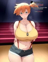 1girls ai_generated alternate_breast_size arms_behind_back bare_shoulders black_nails blush breasts cleavage collarbone cowboy_shot crop_top denim denim_shorts dog_tags female green_eyes hair_between_eyes huge_breasts kasumi_(pokemon) looking_at_viewer lovehent midriff nail_polish navel orange_hair parted_lips pokemon pokemon_(anime) pokemon_dppt pokemon_journeys pokemon_rgby pokemon_xy short_hair short_shorts shorts side_ponytail solo standing stomach suspender_shorts suspenders sweat tank_top thighs yellow_shirt yellow_tank_top