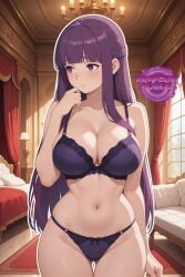 1girls ai_generated big_breasts big_breasts big_breasts blush blush blush_lines bow breasts breasts breasts busty busty_female carpet cleavage fanart female female female_focus female_only fern_(sousou_no_frieren) frieren_beyond_journey's_end girls jorgecarlosai long_hair looking_away luxurious luxury navel palace purple_bow purple_eyes purple_hair purple_underwear royalty shy sousou_no_frieren thong toned underwear underwear_only watermark