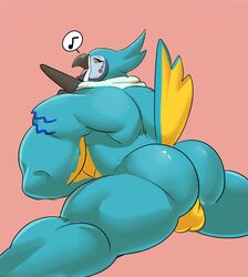 2019 anthro ass avian backsack balls big_butt breath_of_the_wild bubble_butt demondragoncyan kass_(zelda) looking_back male male_only muscular muscular_male nintendo nude open_mouth rito smile solo spread_legs spreading the_legend_of_zelda tongue video_games