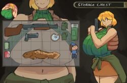2girls breasts donut female fish gigantic_breasts gun huge_breasts inventory lifting_own_clothes parody resident_evil ridley_ritz_(verdazin) verdazin yellow_hair