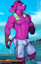 abs bottomwear bulge canid canine canis clothhing clothing domestic_dog ear franubis fur hi_res male mammal muscular muscular_male outside pecs pink_body pink_fur public questionable shorts soccer solo sport stadium tail towel