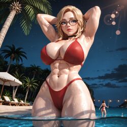 1girls 3d 3d_(artwork) abs ai_generated beach big_ass big_breasts blonde_hair breasts busty female freckles glasses kylee(oc) muscular muscular_female ocean radnsad solo solo_female solo_focus thick_thighs