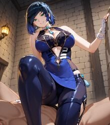 1girls ai_generated blue_hair dominant_female domination dungeon female female_focus femdom genshin_impact green_eyes indoors sexy sexy_pose smile yelan_(genshin_impact)