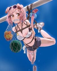 a_tea animal_ears arknights bikini black_shorts bondage bondage bondage bound breasts cat_ears cat_girl cat_tail chinese_commentary cleave_gag cloth_gag commentary_request eyewear_on_head female food fruit gag gagged goldenglow_(arknights) goldenglow_(summer_flowers)_(arknights) highres improvised_gag large_breasts nipples official_alternate_costume pink_hair remote_control_vibrator restrained rope round_eyewear sex_toy short_shorts shorts solo sunglasses suspension swimsuit tail tail_ornament vibrator vibrator_cord vibrator_under_clothes watermelon white_bikini yellow_eyes