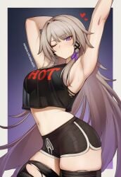 1girls ai_generated armpits bangs bare_shoulders big_breasts blush breasts brown_hair curvy dolphin_shorts female heart herta_(honkai:_star_rail) hi_res highres hips honkai:_star_rail honkai_(series) large_breasts long_hair looking_at_viewer navel purple_eyes sexy sexy_pose short_shorts shorts sideboob sidillusts sleeveless slender_waist slim_waist solo stomach stretching sweat the_herta_(honkai:_star_rail) thick_thighs thighhighs thighs thin_waist torn_clothes wide_hips wink