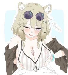 1boy 1girl animal_ear_fluff animal_ears arknights bar_censor bikini blue_background blush bracelet braid braided_sidelocks breasts breasts_squeezed_together brown_hair censored cleavage clothed_sex commentary cum cum_on_body cum_on_breasts dr38ttler eyewear_on_head facial front-tie_bikini_top front-tie_top grabbing_own_breast grey_bikini hair_ornament hairclip hetero highres jewelry large_breasts looking_at_viewer medium_hair multicolored_bikini nail_art official_alternate_costume one_eye_closed open_mouth outline paizuri paizuri_under_clothes penis pov purple-tinted_eyewear purple_eyes round_eyewear sidelocks simple_background smile solo_focus sound_effects speech_bubble striked_bikini striped_bikini striped_clothes sunglasses swimsuit swimsuit_cover-up tinted_eyewear translated twin_braids two-tone_bikini upper_body utage_(arknights) utage_(summer_flowers)_(arknights) vertical-striped_bikini vertical-striped_clothes white_bikini white_outline wristband x_hair_ornament