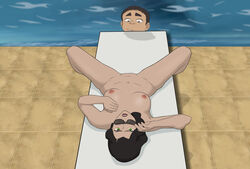 1boy 1girls anaxus asami_sato avatar_legends black_hair breasts chair female glasses green_eyes laying_down long_hair looking_at_pussy looking_at_viewer looking_down male meelo naked nipples outdoors small_breasts spread_legs sunbathing sunglasses the_legend_of_korra