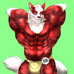 1:1 anthro arm_tuft bara bottomwear bulge canid canine cheek_tuft clothed clothing detailed_bulge elbow_tuft facial_tuft front_view fur genital_outline green_background hair hi_res johnthelewd_art looking_at_viewer male male_anthro mammal mouth_closed muscular muscular_anthro muscular_male nipples portrait pubes red_body red_eyes red_fur red_nipples red_nose sheath_outline short_hair simple_background solo standing striped_arms striped_legs three-quarter_portrait topless tuft white_body white_fur white_hair yaoi yellow_bottomwear yellow_clothing