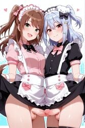 2025 2boys 2femboys ai_generated aifantasydream alternate_version_available brown_hair crossdressing crossover dress dress_lift femboy feminine_male frills girly green_eyes idolmaster idolmaster_side-m inuyama_tamaki lifting_clothing lifting_dress lifting_own_clothes maid maid_apron maid_headdress maid_outfit maid_uniform male mizushima_saki noripro trap virtual_youtuber