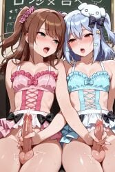 2025 2boys 2femboys ai_generated aifantasydream alternate_version_available brown_hair crossdressing crossover erect_penis erection femboy feminine_male girly green_eyes handjob idolmaster idolmaster_side-m inuyama_tamaki looking_at_each_other male mizushima_saki noripro open_mouth penis precum precum_drip sitting steamy_breath thick_thighs thighs trap virtual_youtuber yaoi